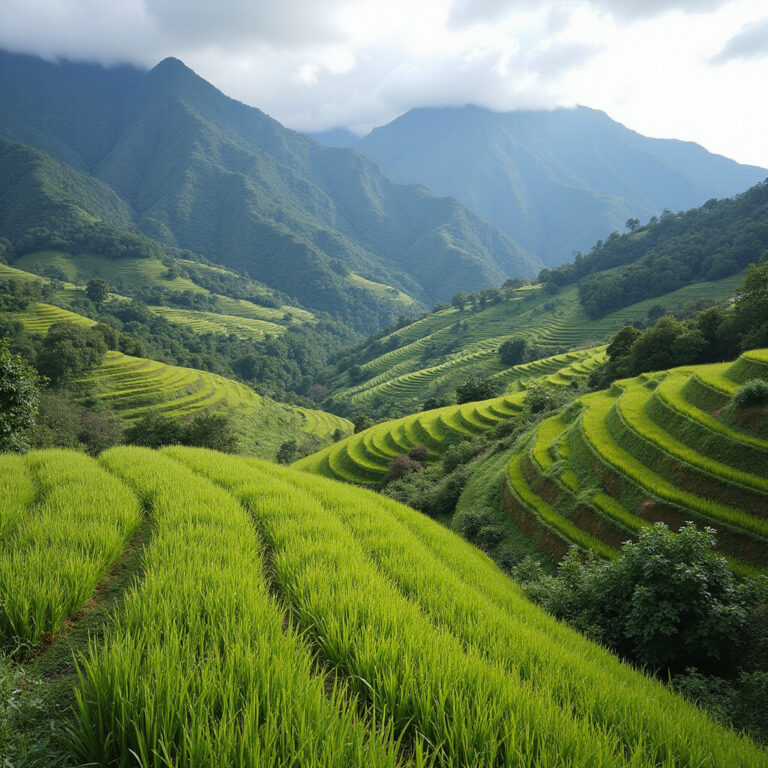 Tradycyjne tarasy ryżowe w Cordillerze z widokiem na góry