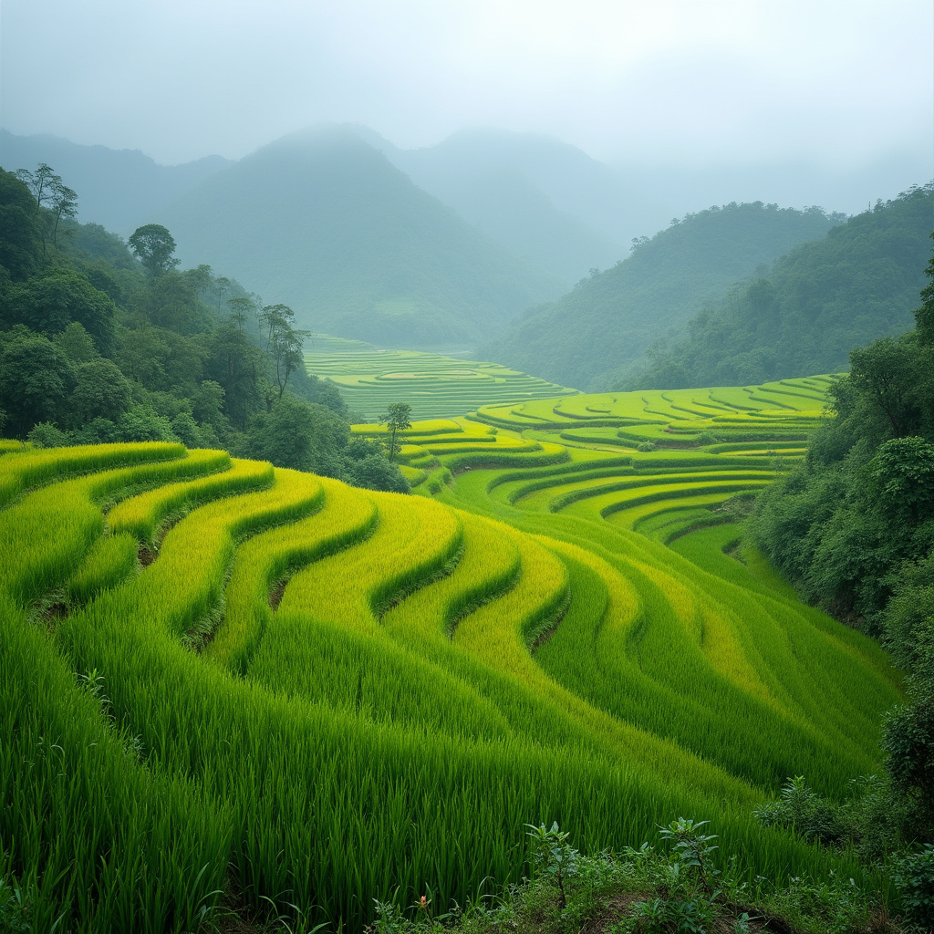 Górskie tarasy ryżowe w Sapa otoczone zielenią i mgłą