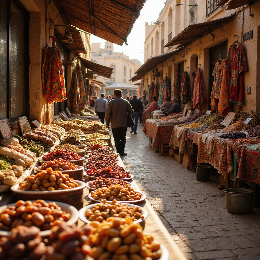 Targ daktyli w Kebili z lokalnymi straganami i mieszkańcami