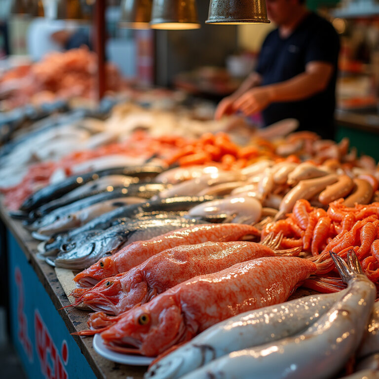 Świeże owoce morza na targu w Faro, lokalne ryby i krewetki