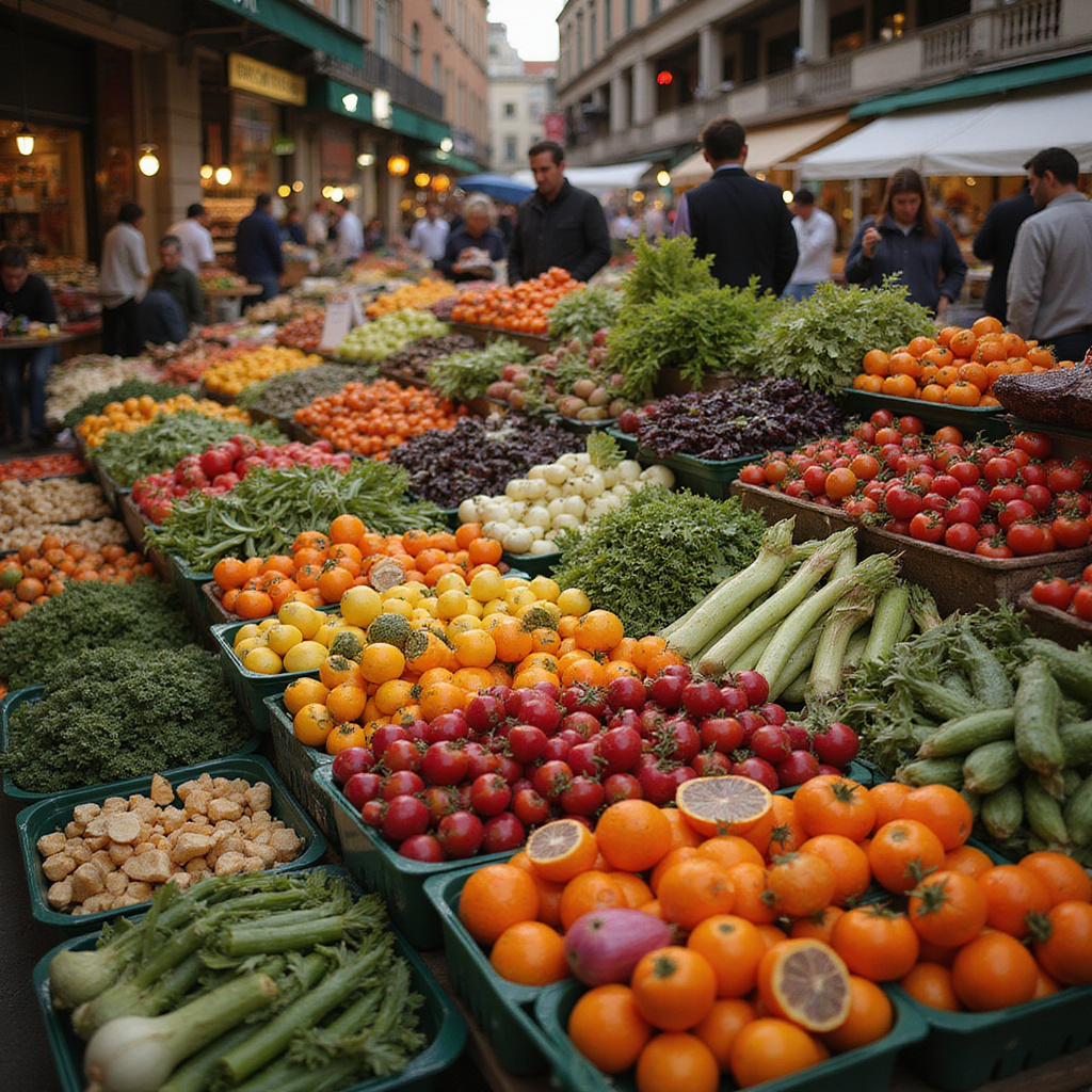 Targ Porta Palazzo w Turynie z kolorowymi straganami pełnymi świeżych warzyw i owoców