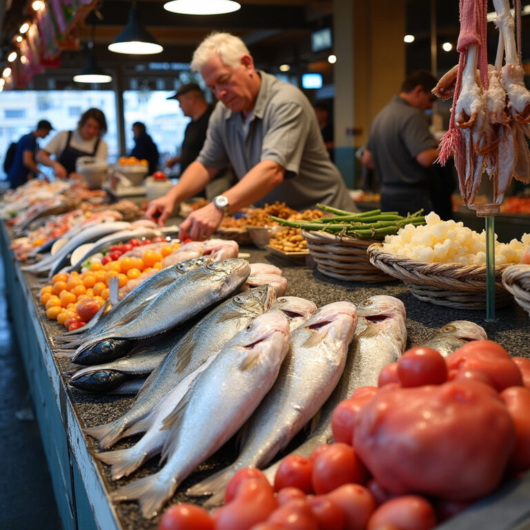 Targ rybny w Marsylii z widokiem na świeże ryby i owoce morza, tętniące życiem Vieux Port