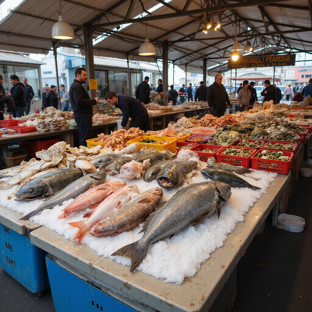 Targ rybny w Pireusie z sezonowymi owocami morza