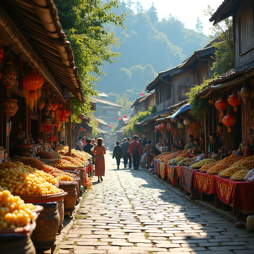 Ulica w Sapa z lokalnym targiem i straganami z winem ryżowym