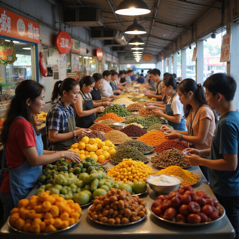 Targowanie się na azjatyckich targach z różnorodnymi owocami i przyprawami