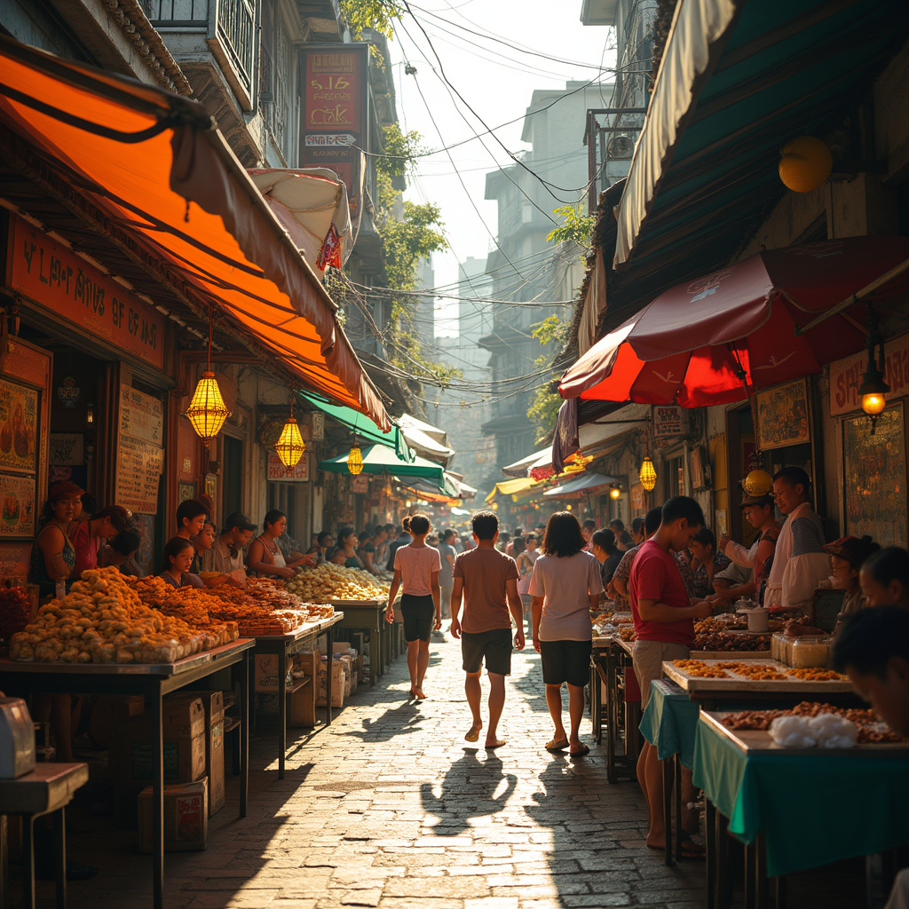 Ulica w Manili z kolorowymi straganami oferującymi lokalne przysmaki
