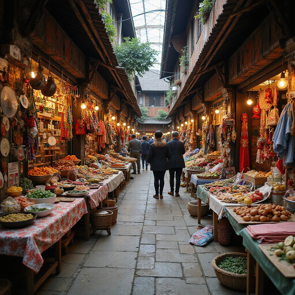 Tradycyjne targowisko w Sapa z lokalnymi produktami i kolorowymi straganami
