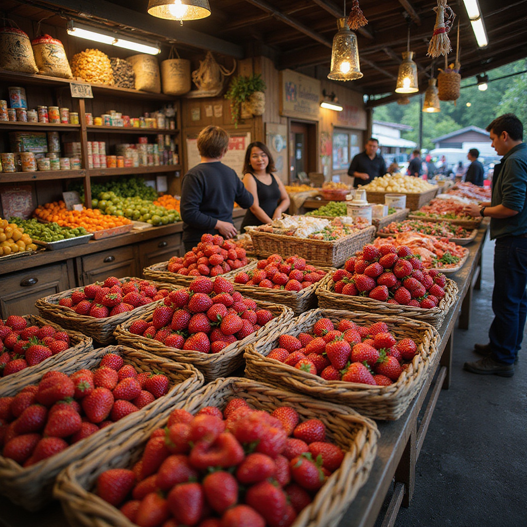 Targowisko w Baguio z lokalnymi produktami i świeżymi truskawkami