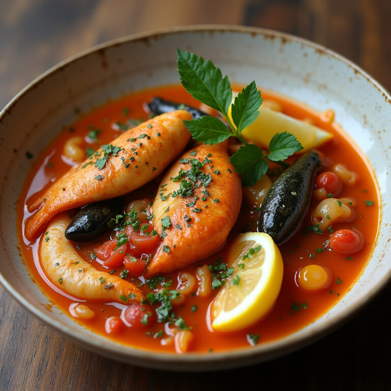 Tradycyjna bouillabaisse z rybami śródziemnomorskimi i świeżymi ziołami
