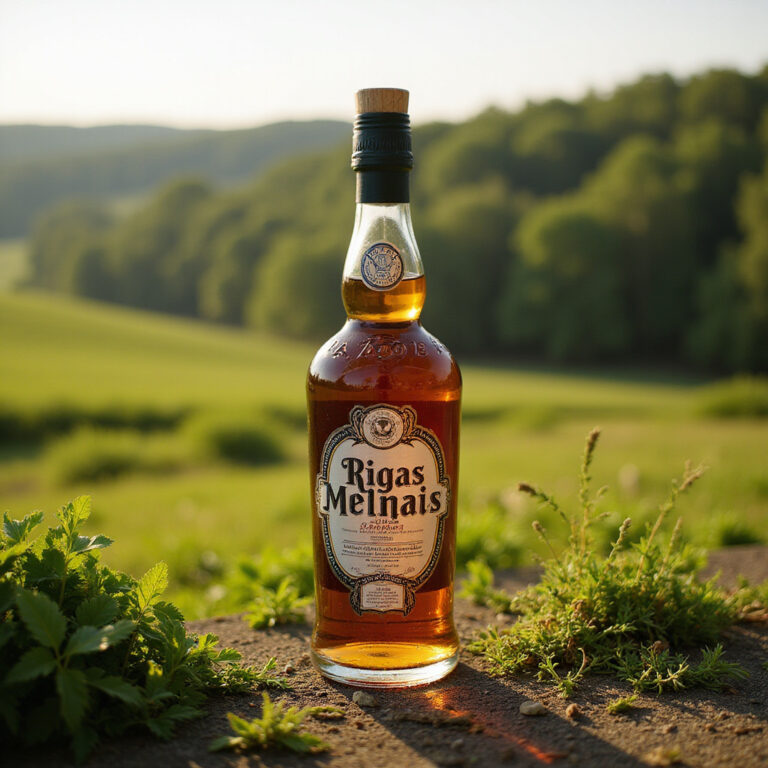 Rigas Melnais Balzams w tradycyjnej butelce na tle łotewskiego krajobrazu