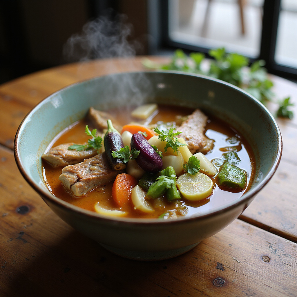 Tradycyjna filipińska zupa sinigang z wieprzowiną i warzywami