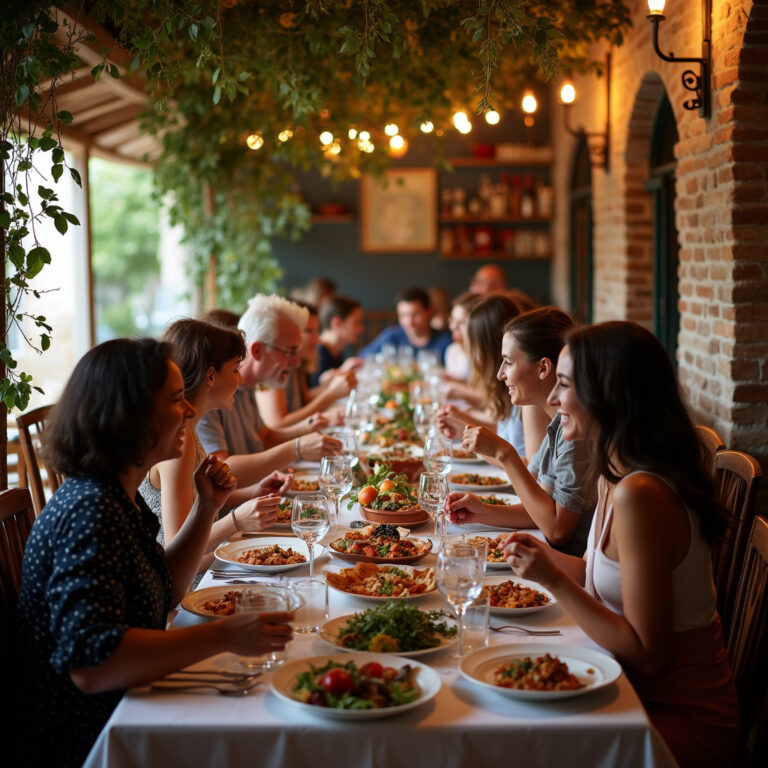 Tradycyjna grecka tawerna z daniami na stole, gdzie Filoxenia w praktyce łączy ludzi