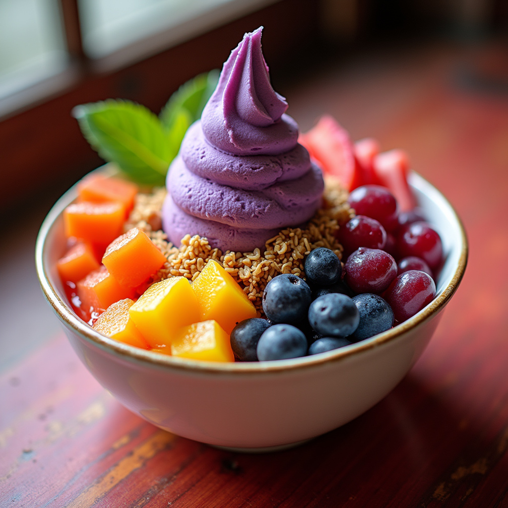 Kolorowa miseczka Halo-halo z lodami Ube i świeżymi owocami, filipiński deser orzeźwiający