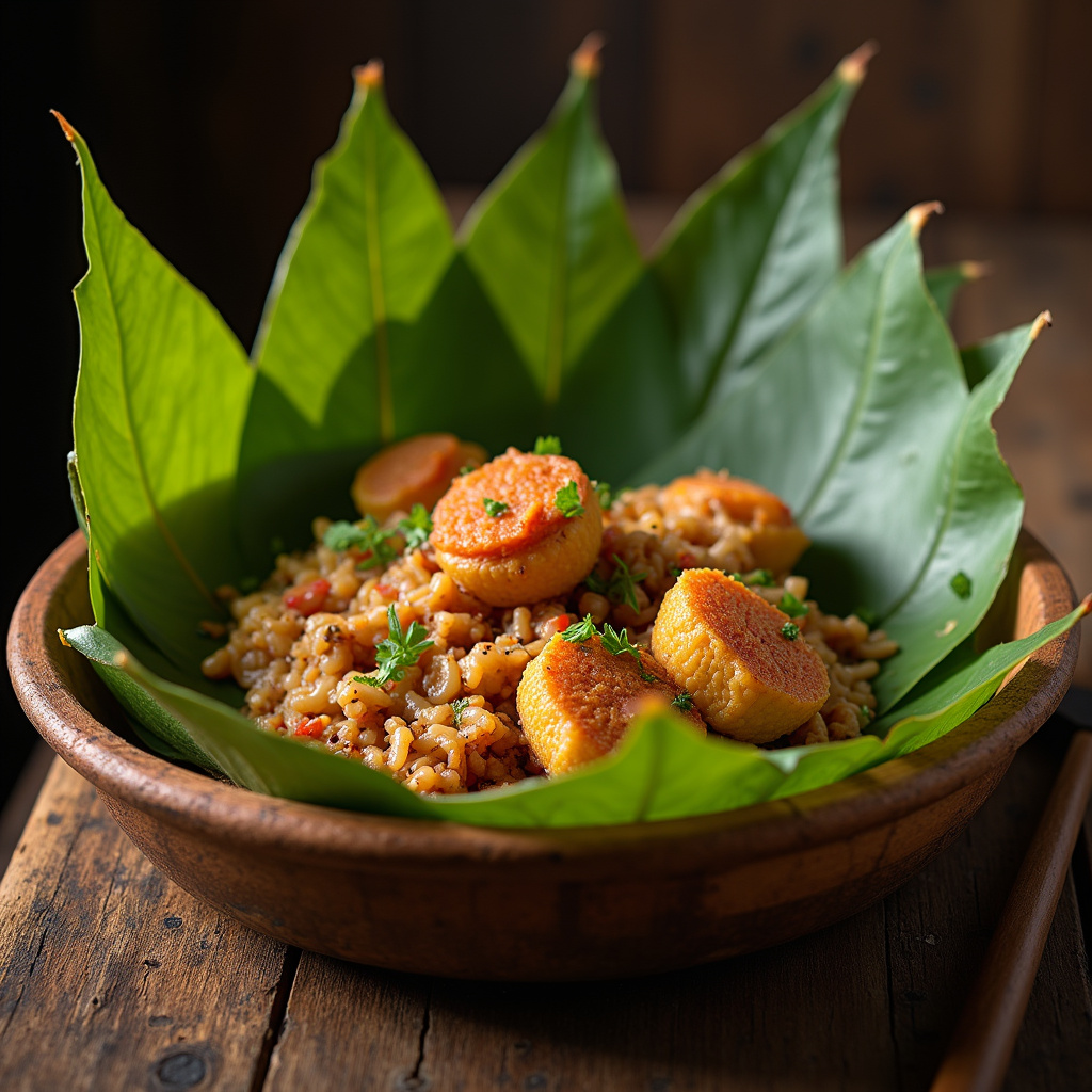 Potrawa Pinikpikan serwowana w liściach bananowca na drewnianym stole