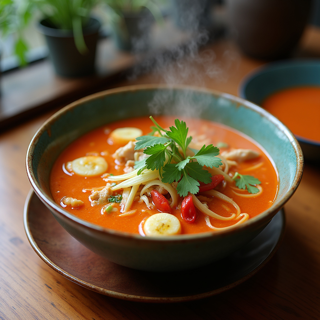 Tradycyjna tajska zupa Tom Yum w lokalnej restauracji, świeże składniki i egzotyczne zioła