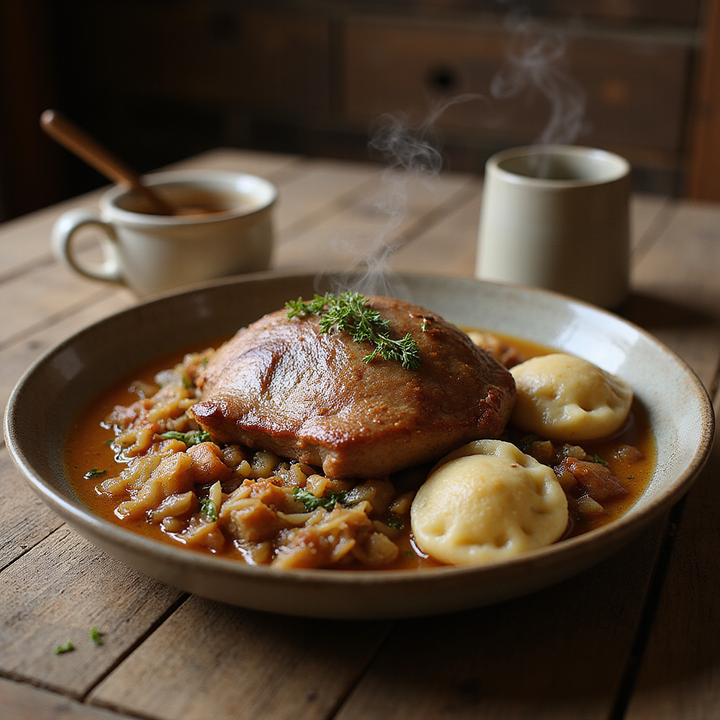 Tradycyjne danie kuchni morawskiej – vepřo-knedlo-zelo na drewnianym stole