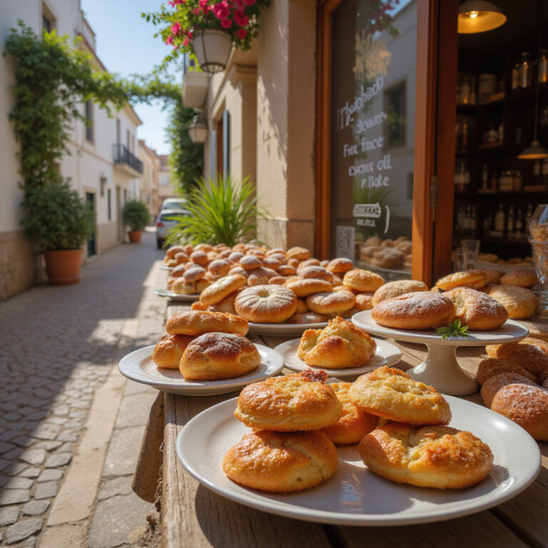 Tradycyjne desery Algarve na tle uliczki w Faro z lokalną cukiernią