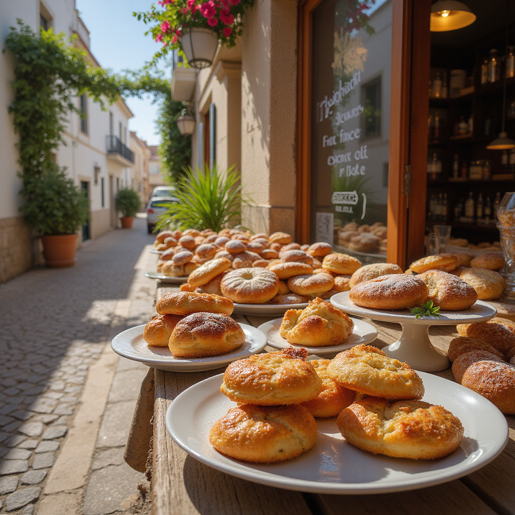 Tradycyjne desery Algarve na tle uliczki w Faro z lokalną cukiernią