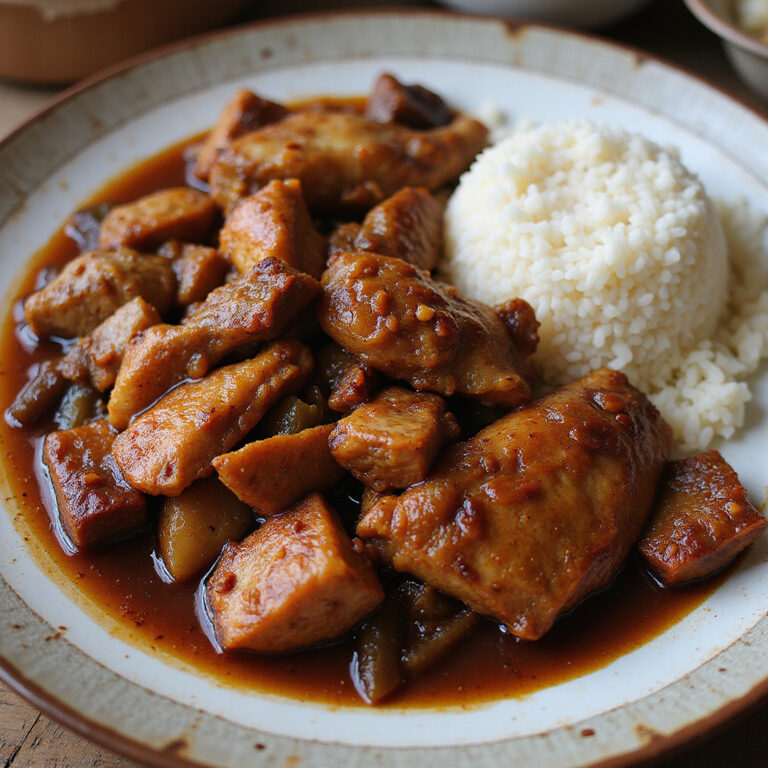 Tradycyjne filipińskie adobo z kurczakiem i wieprzowiną podane z ryżem, danie narodowe Filipin