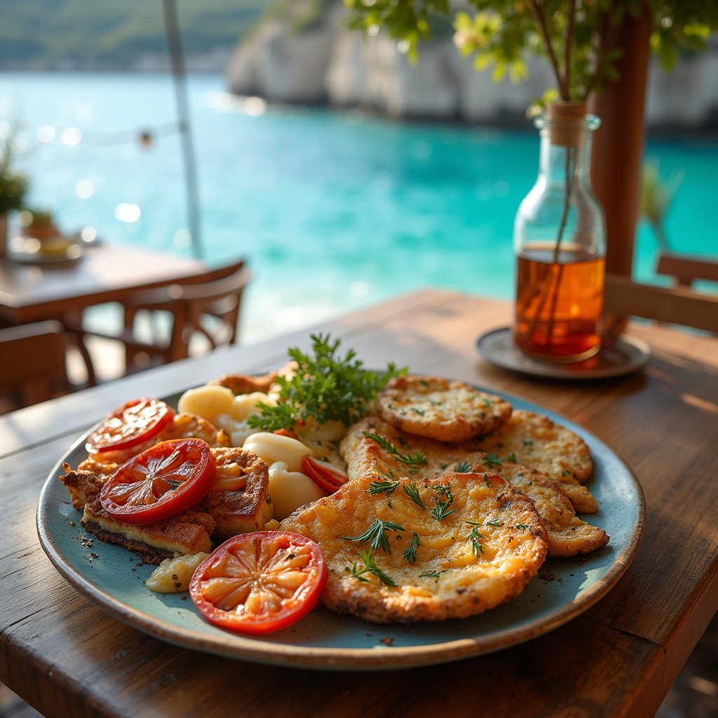 Tradycyjne greckie mezedes na stole w tawernie z widokiem na morze