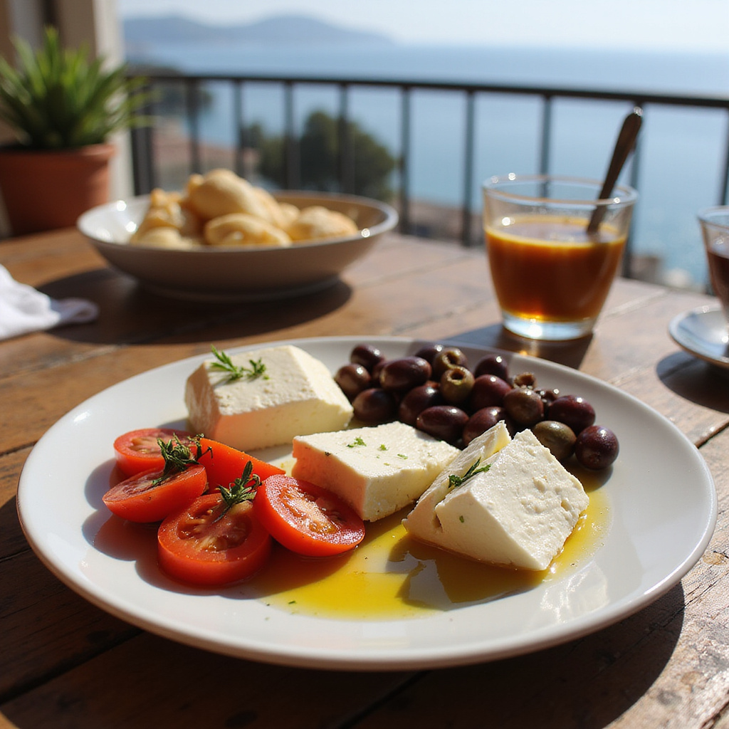 Tradycyjne greckie śniadanie w Pireusie z serem feta i oliwkami