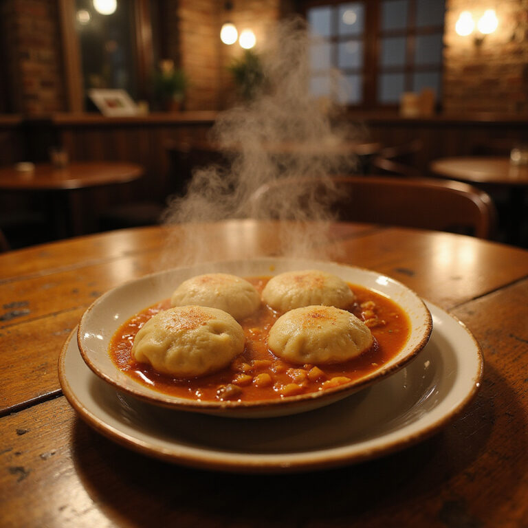 Tradycyjne knedliki drożdżowe podane z gulaszem w ostrawskiej gospodzie