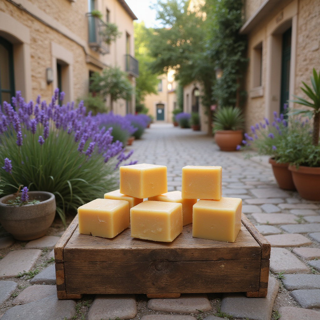 Tradycyjne kostki Marsylskiego mydła na tle prowansalskiej ulicy