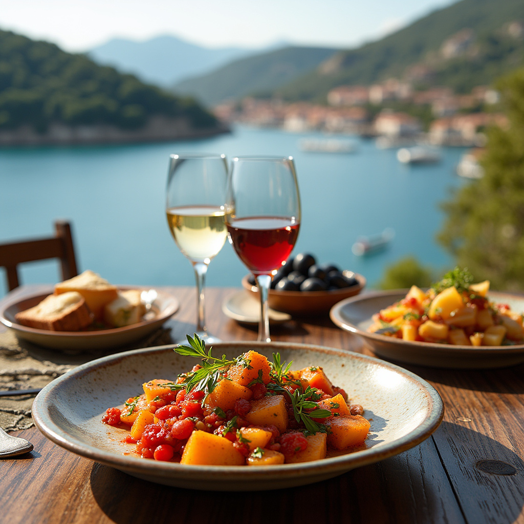 Tradycyjne potrawy Hvaru na tle adriatyckiego wybrzeża z oliwkami i winem
