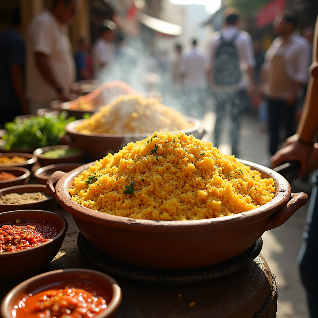 Tradycyjne tunezyjskie jedzenie na straganie w medynie, kuskus i harissa