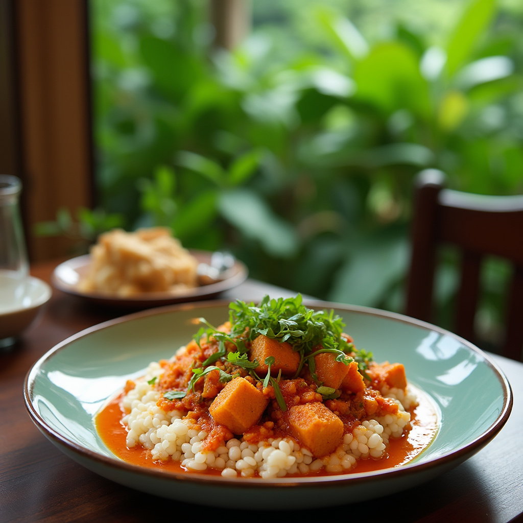 Talerz z tradycyjnym tajskim curry w restauracji w Phuket, otoczonej tropikalną roślinnością