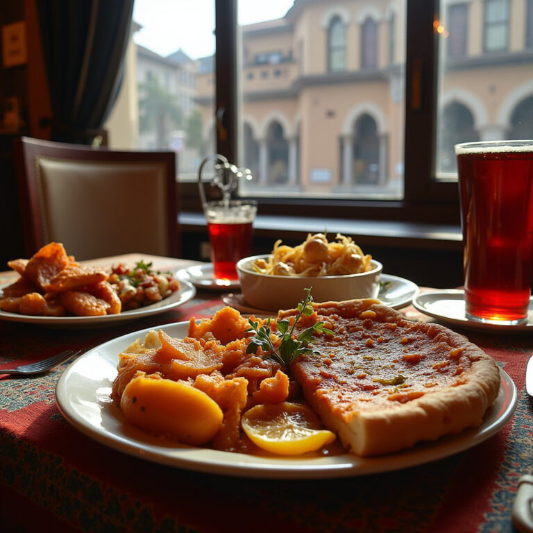 Tradycyjne tureckie dania w restauracji w Ankarze, w tle widoczne zabytkowe budynki