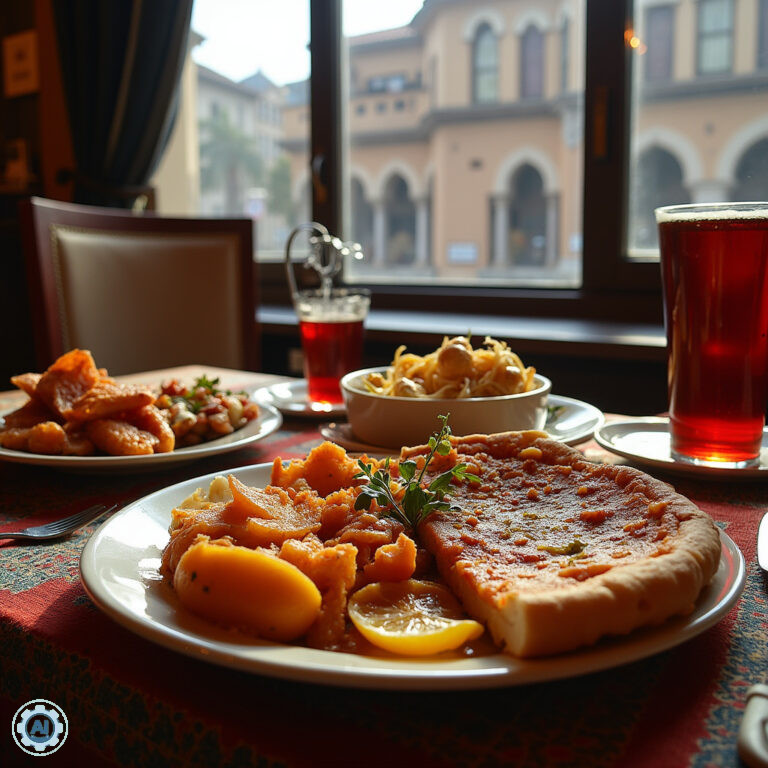 Tradycyjne tureckie dania w restauracji w Ankarze, w tle widoczne zabytkowe budynki