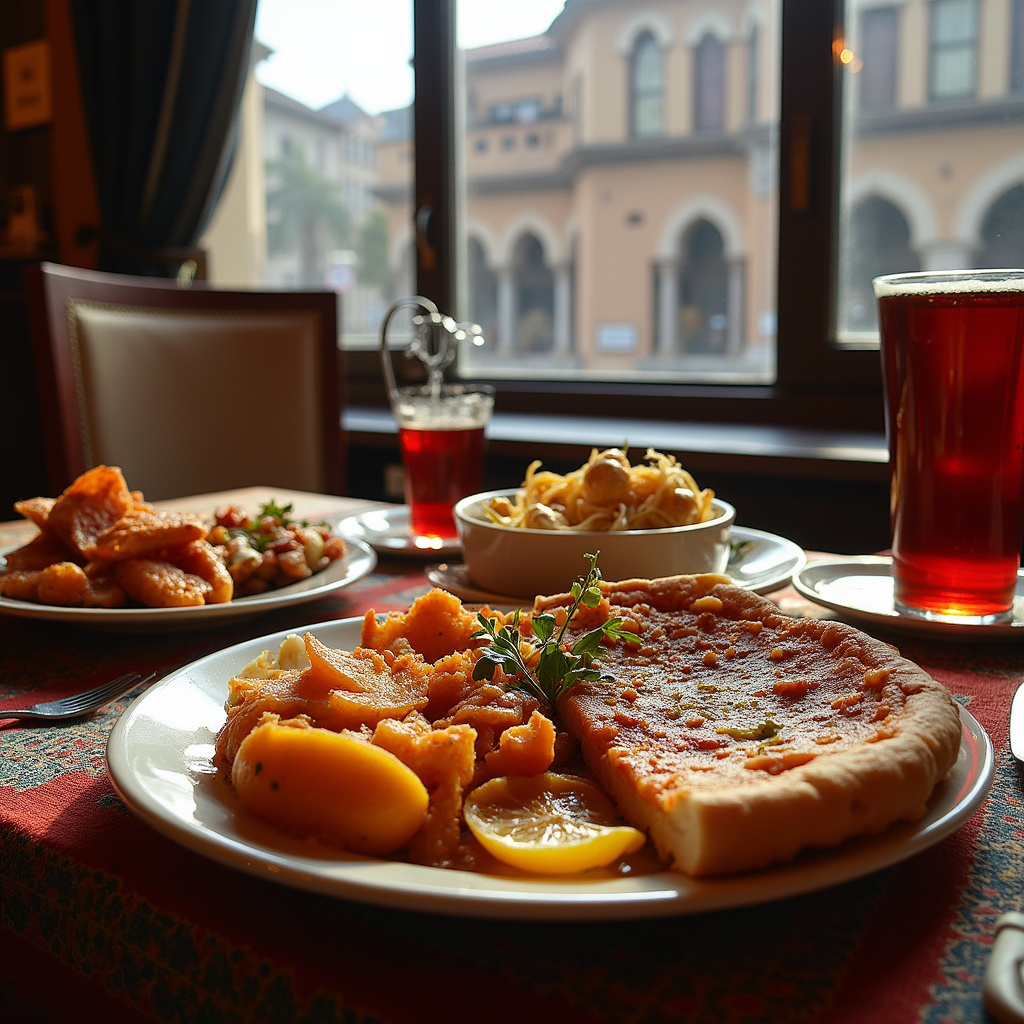 Tradycyjne tureckie dania w restauracji w Ankarze, w tle widoczne zabytkowe budynki