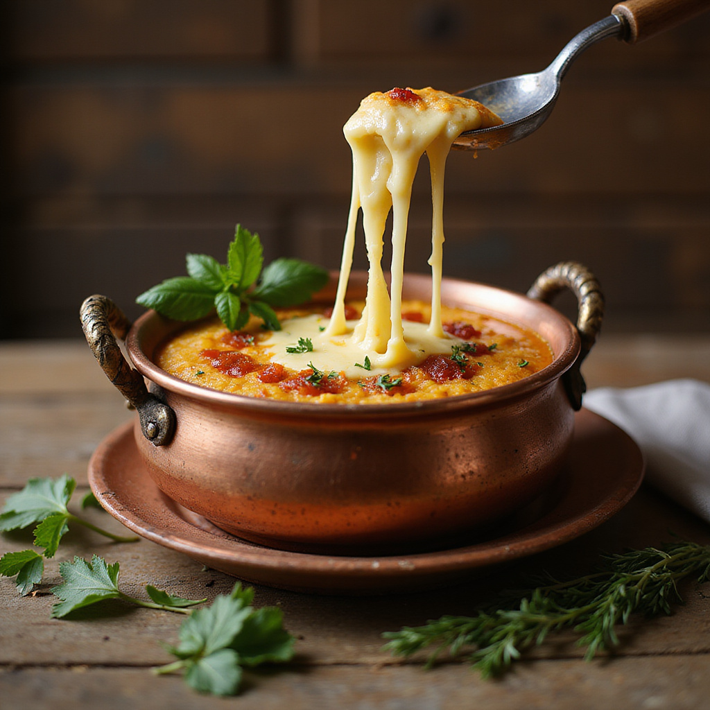 Tradycyjne tureckie śniadanie Kuymak serwowane w miedzianym naczyniu