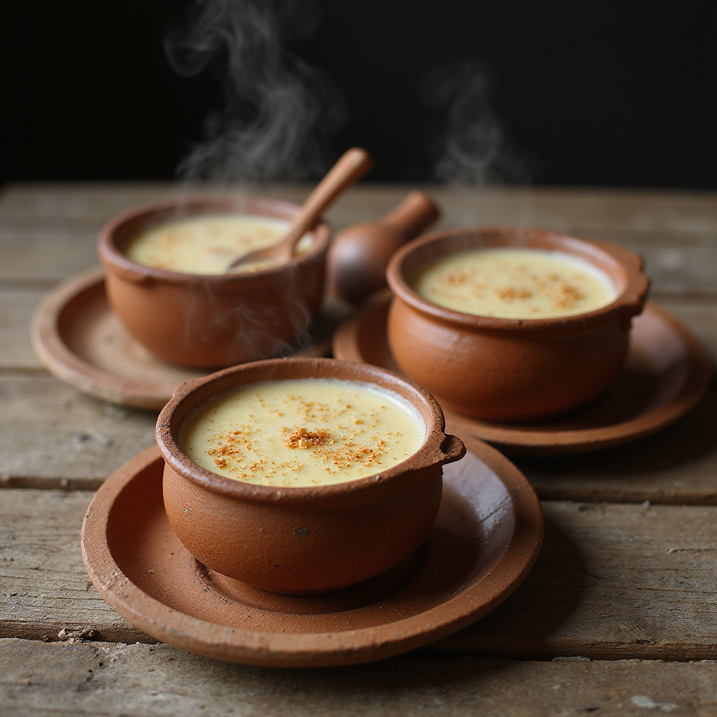 Tradycyjny turecki deser Sütlaç w glinianych garnkach na drewnianym stole