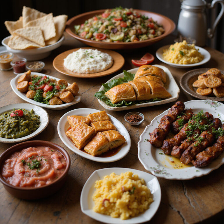 Tradycyjny turecki stół z różnorodnymi daniami, w tym kebapami i baklavą