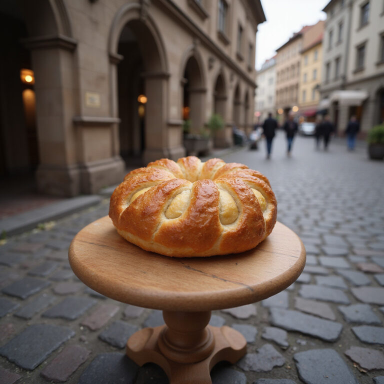 Trdelník na praskiej ulicy z widokiem na zabytkowy budynek