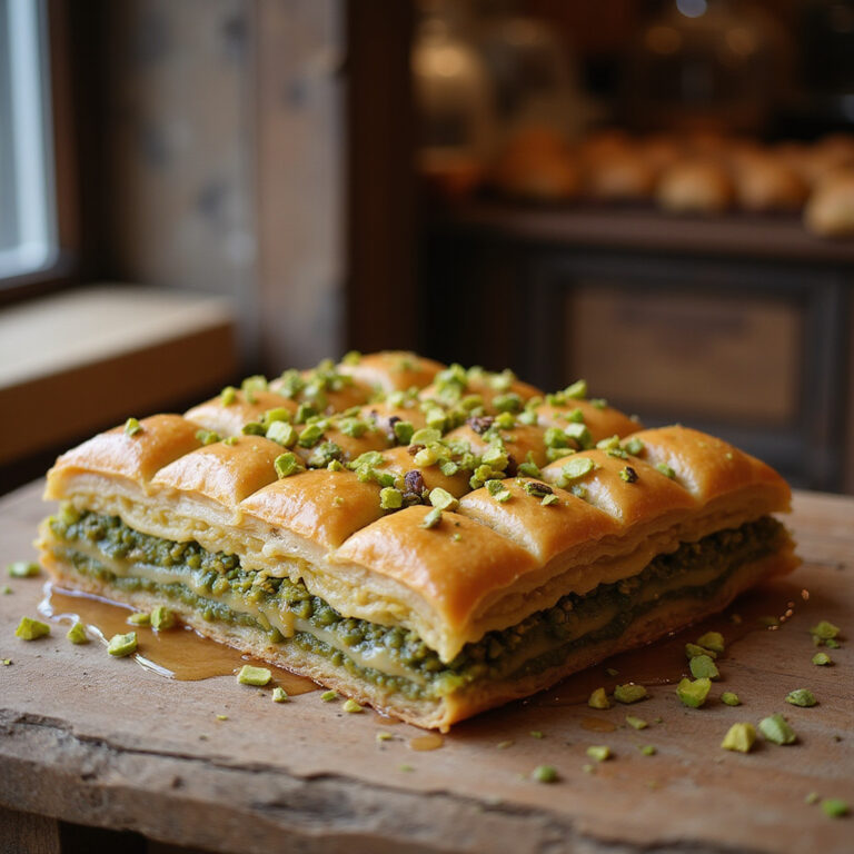 Turecka baklava z pistacjami na drewnianym stole w cukierni