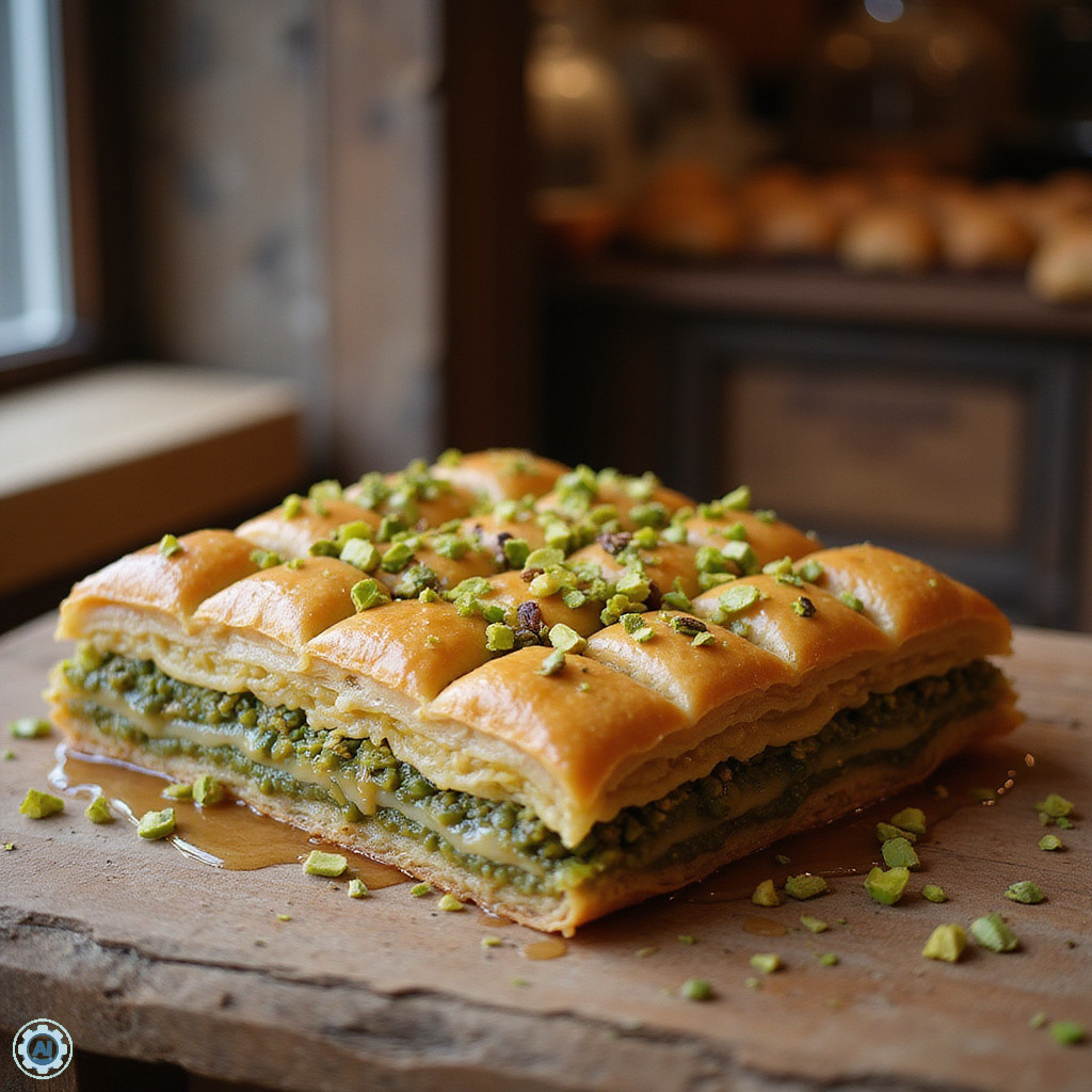 Turecka baklava z pistacjami na drewnianym stole w cukierni