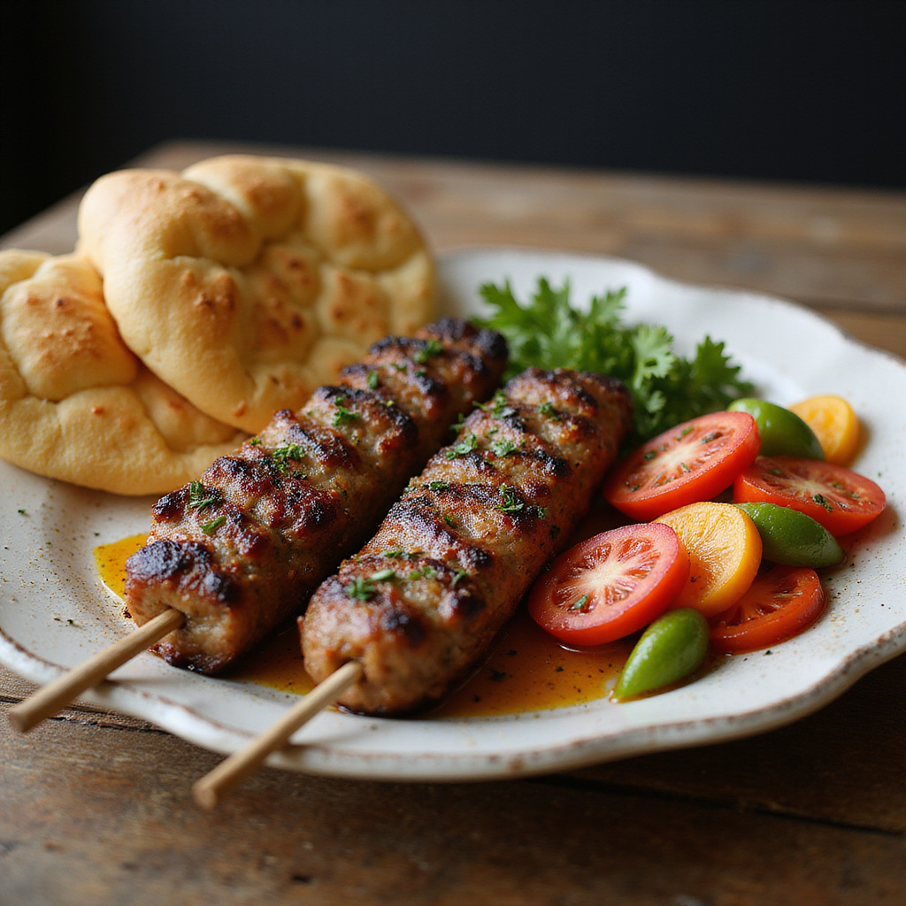 Tradycyjny turecki kebab serwowany z warzywami i chlebem lavaş