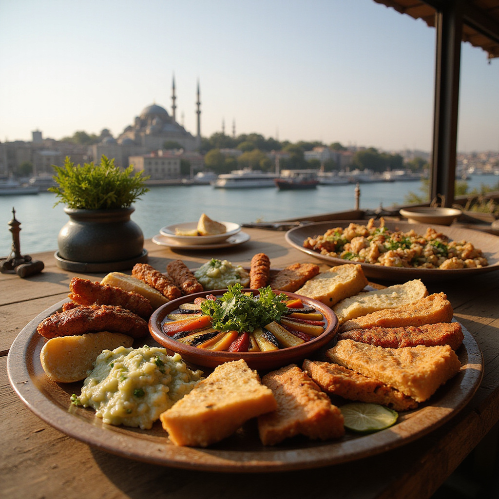 tureckie meze na drewnianym stole z widokiem na Stambuł