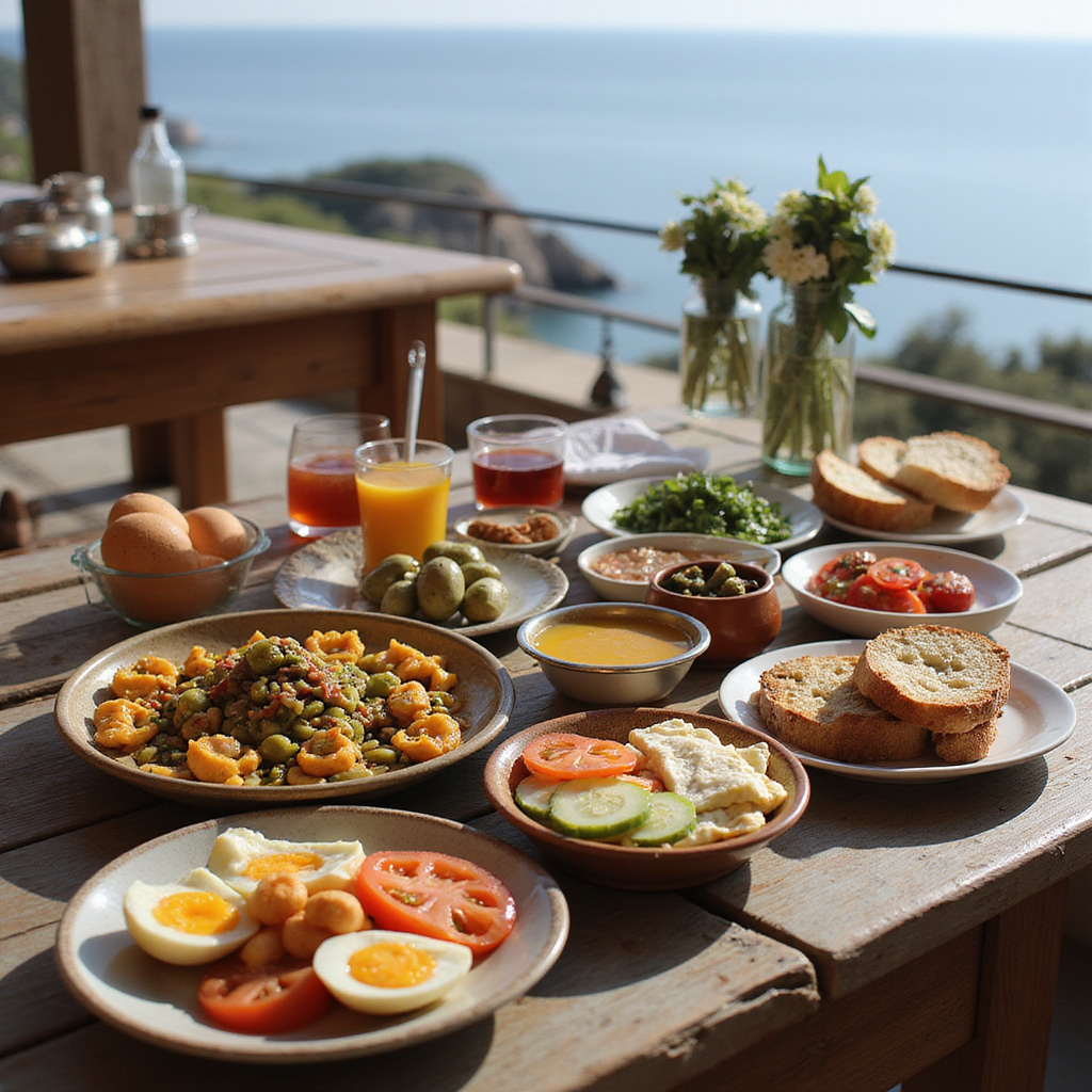 Tradycyjne tureckie śniadanie serpme kahvaltı z widokiem na morze