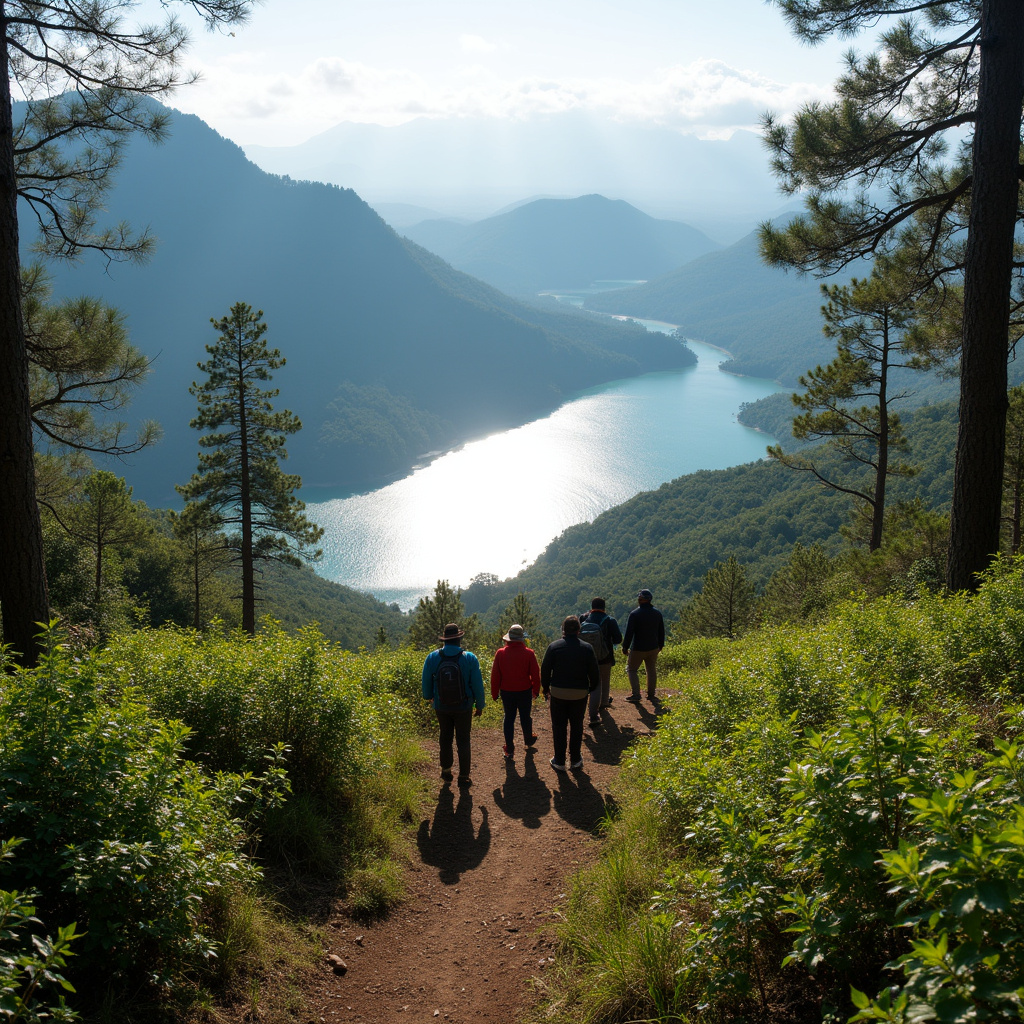 Grupa turystów na szlaku Chogoria z widokiem na jezioro