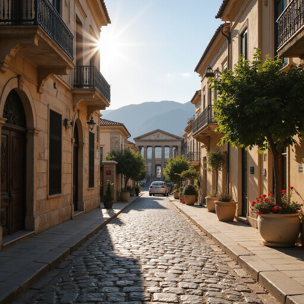 Ulica w Patras prowadząca do Rzymskiego Odeonu z widokiem na zabytkowe budynki