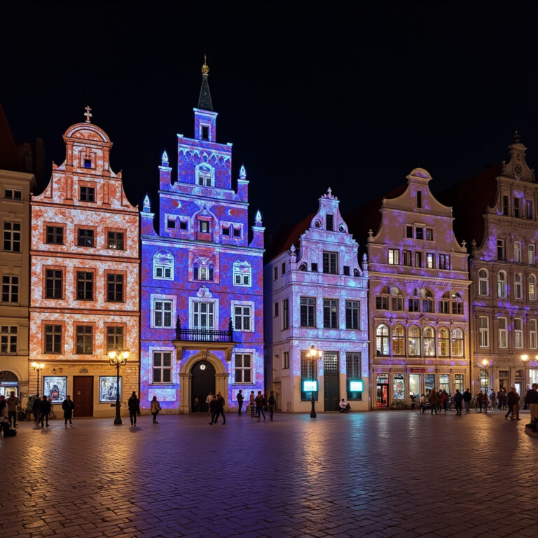 Ulica Piotrkowska w Łodzi podczas Light Move Festival z kolorowymi projekcjami na kamienicach