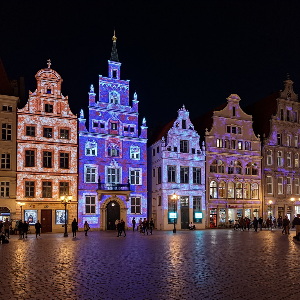 Ulica Piotrkowska w Łodzi podczas Light Move Festival z kolorowymi projekcjami na kamienicach