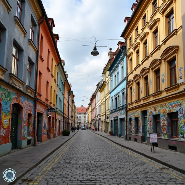 Ulica Piotrkowska w Łodzi z kolorowymi kamienicami i muralami, główna atrakcja miasta