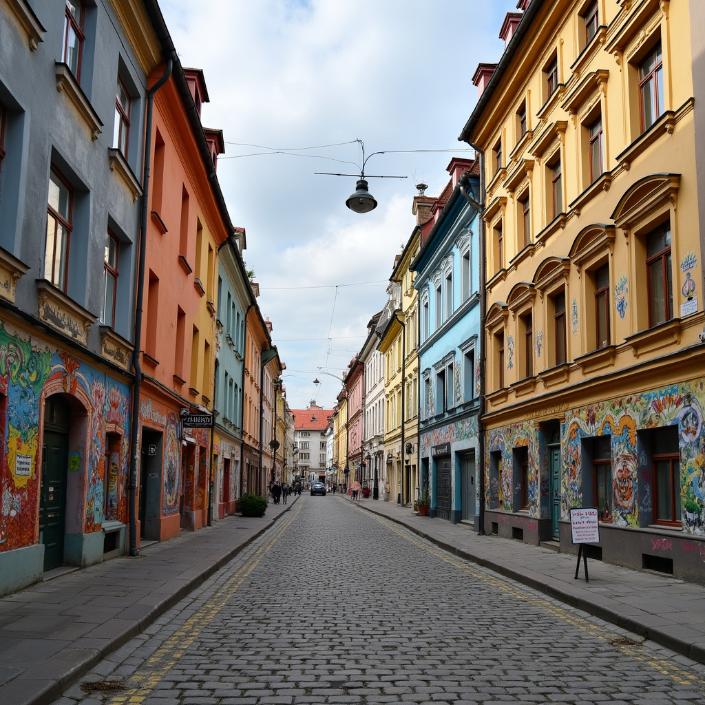 Ulica Piotrkowska w Łodzi z kolorowymi kamienicami i muralami, główna atrakcja miasta