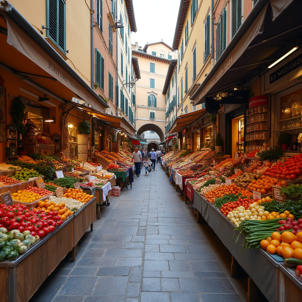 Ulica w okolicach Porta Palazzo z widocznymi straganami i lokalnymi produktami Piemontu