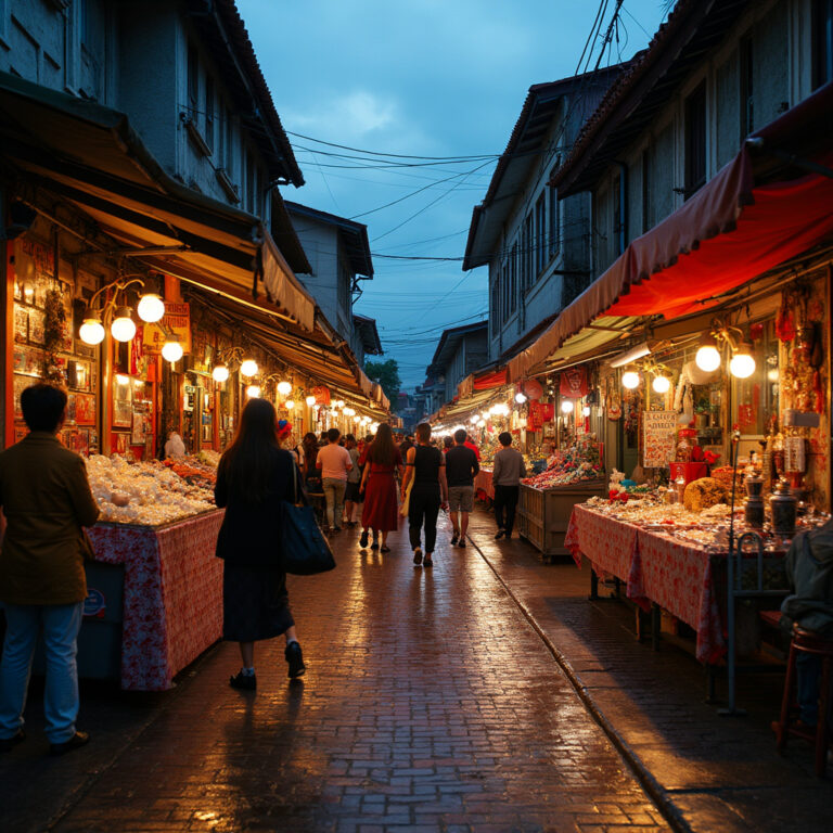 Ulica w Baguio w okolicach Roxas Night Market z kolorowymi straganami i tłumem ludzi